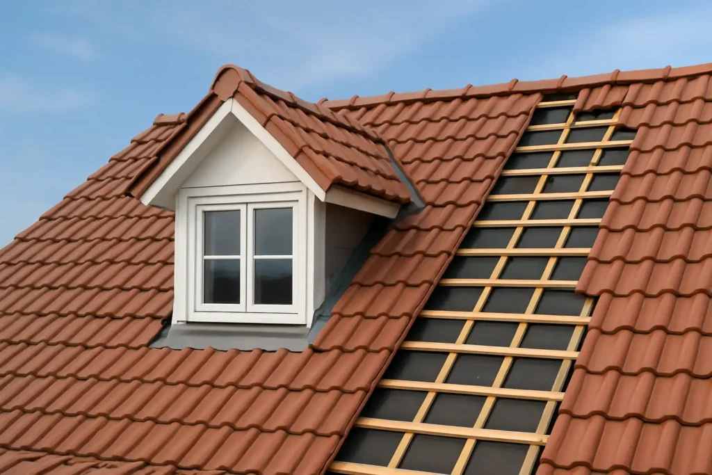Fenêtre chien assis intégrée à une toiture de maison en rénovation