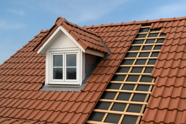 Fenêtre chien assis intégrée à une toiture de maison en rénovation