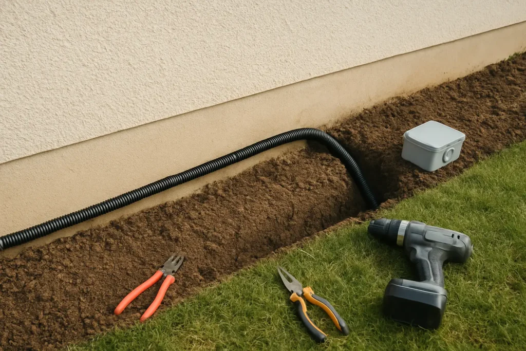 Gaine électrique extérieure posée le long d’un mur et dans une tranchée de jardin