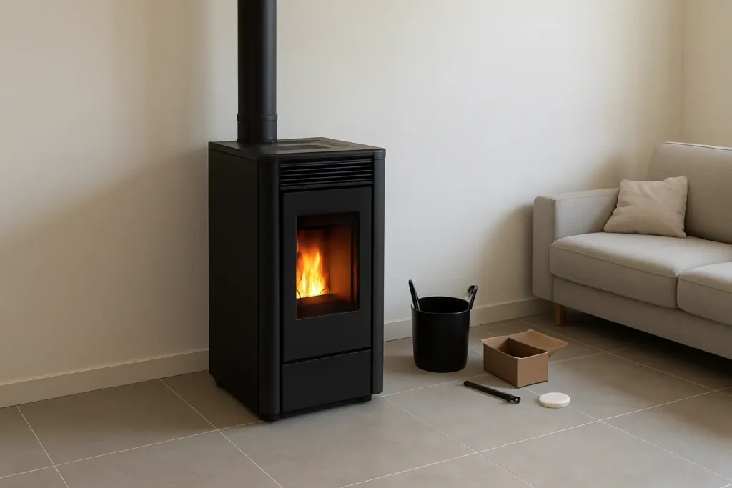Poêle à granulés moderne installé dans un salon avec conduit visible