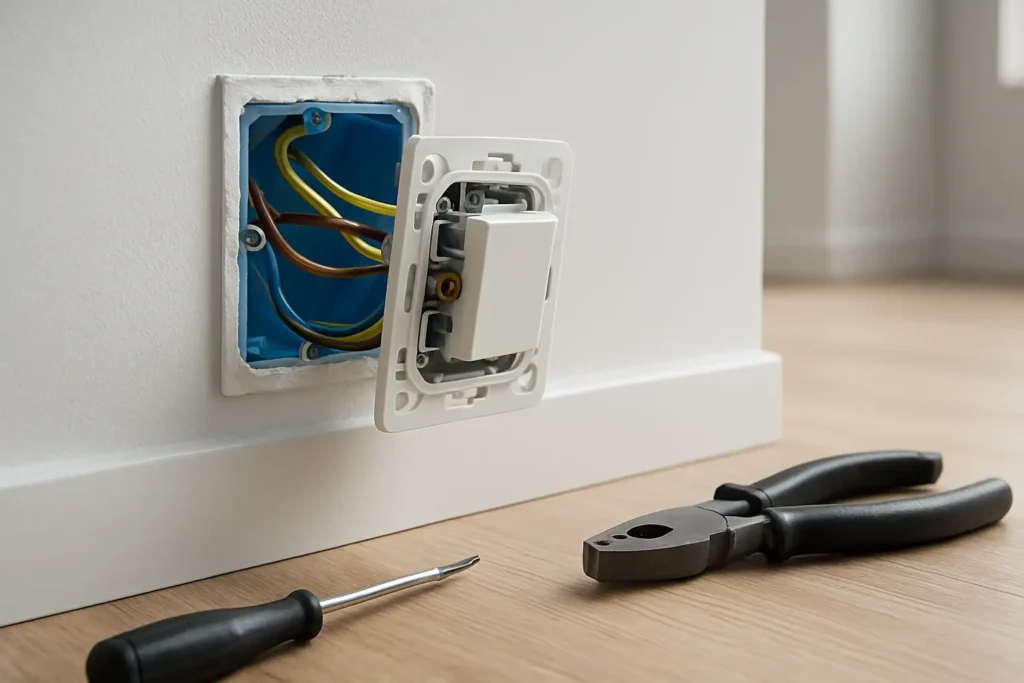 Interrupteur électrique mural avec fils visibles lors d’un branchement de bricolage