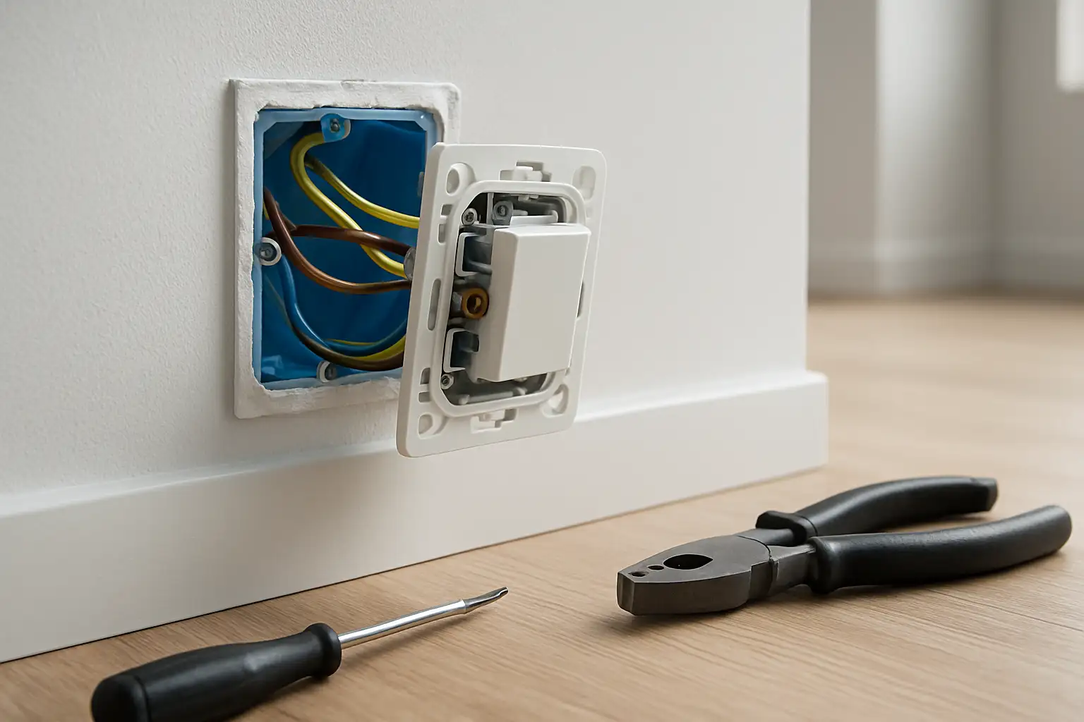 Interrupteur électrique mural avec fils visibles lors d’un branchement de bricolage