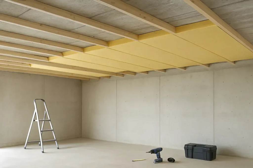 Isolation du plafond d’un garage avec des panneaux isolants en cours de pose