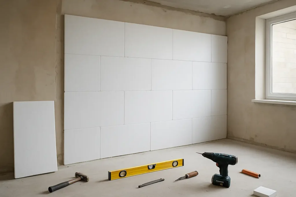 Panneaux d’isolation par polystyrène dans une pièce en rénovation
