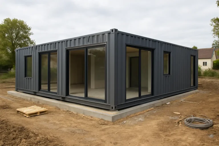 Maison container de 100 m2 en cours d’installation sur un terrain, illustrant le prix et le budget à prévoir