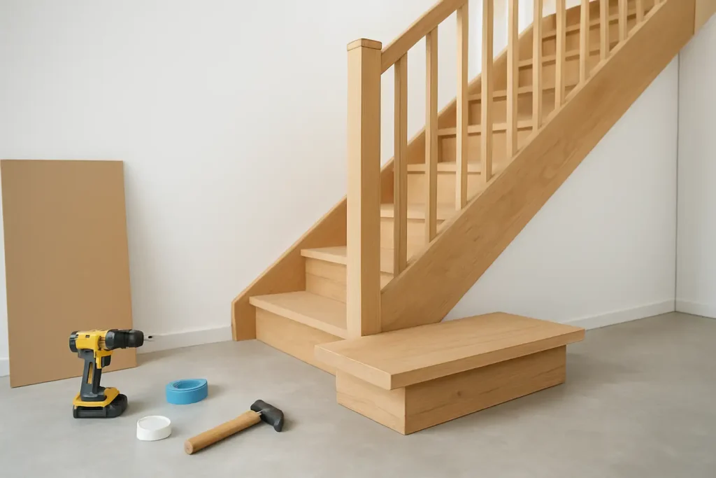 Marche en bois d’escalier en cours de pose dans un intérieur rénové