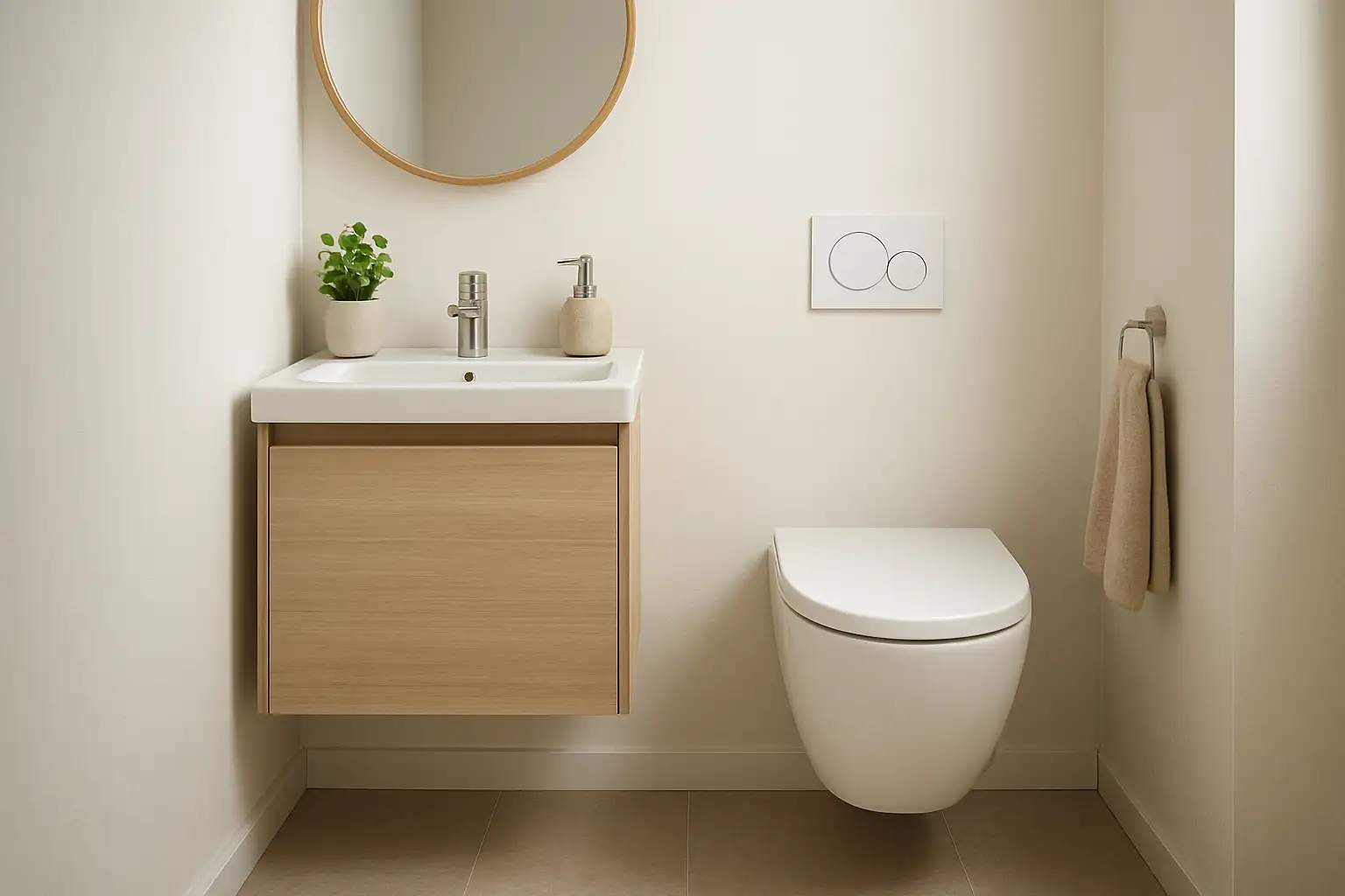 Petit WC moderne avec meuble pour lave main compact et décor soigné