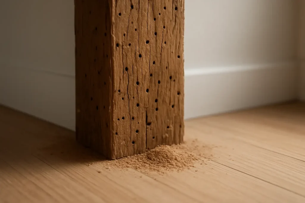 Bois abîmé avec petits trous et poussière fine liés à une mite du bois