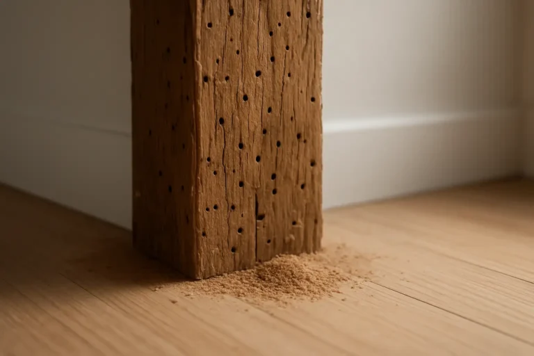 Bois abîmé avec petits trous et poussière fine liés à une mite du bois