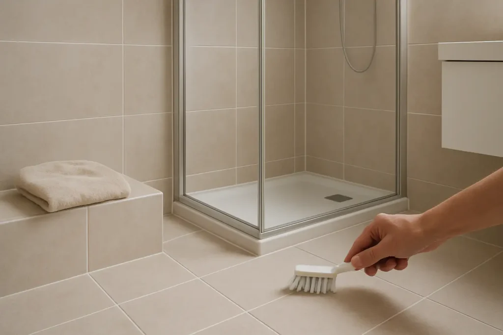 Joints de salle de bain en cours de nettoyage avec une brosse dans une salle de bain moderne