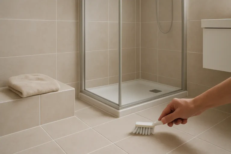 Joints de salle de bain en cours de nettoyage avec une brosse dans une salle de bain moderne