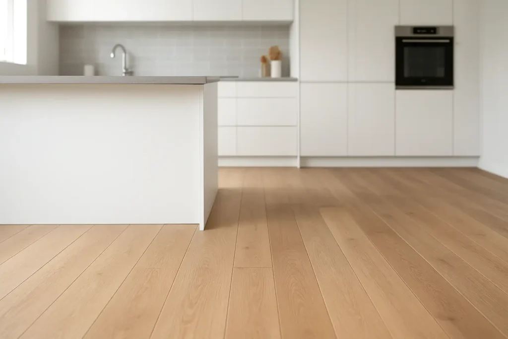 Cuisine moderne avec parquet en bois adapté à la cuisine