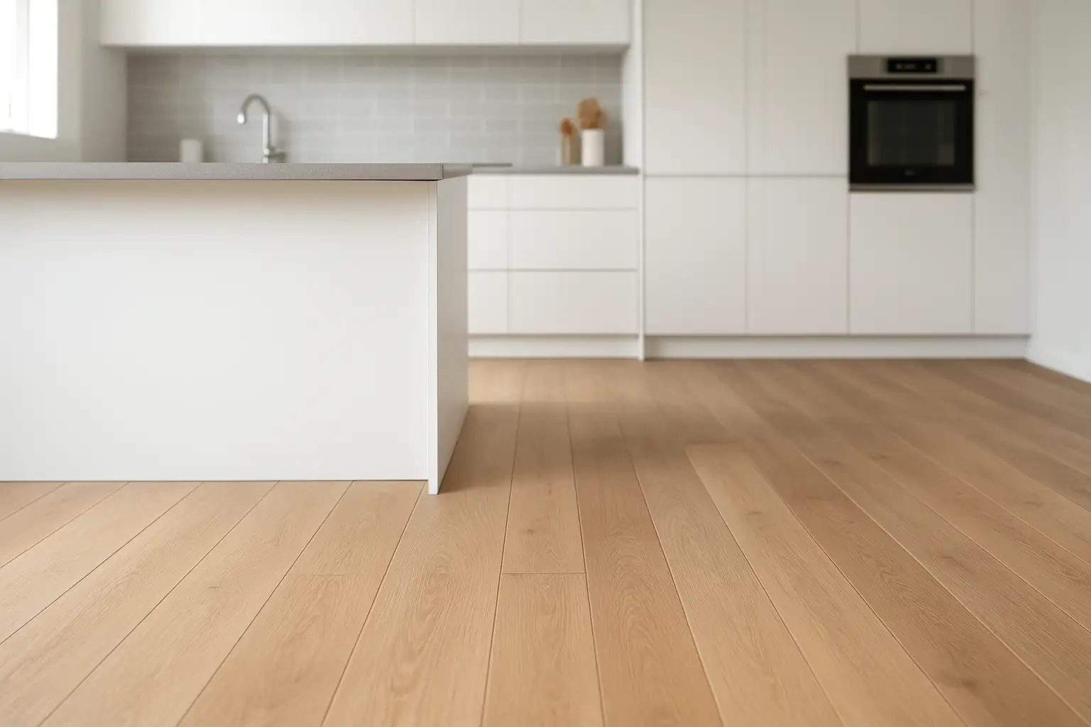 Cuisine moderne avec parquet en bois adapté à la cuisine