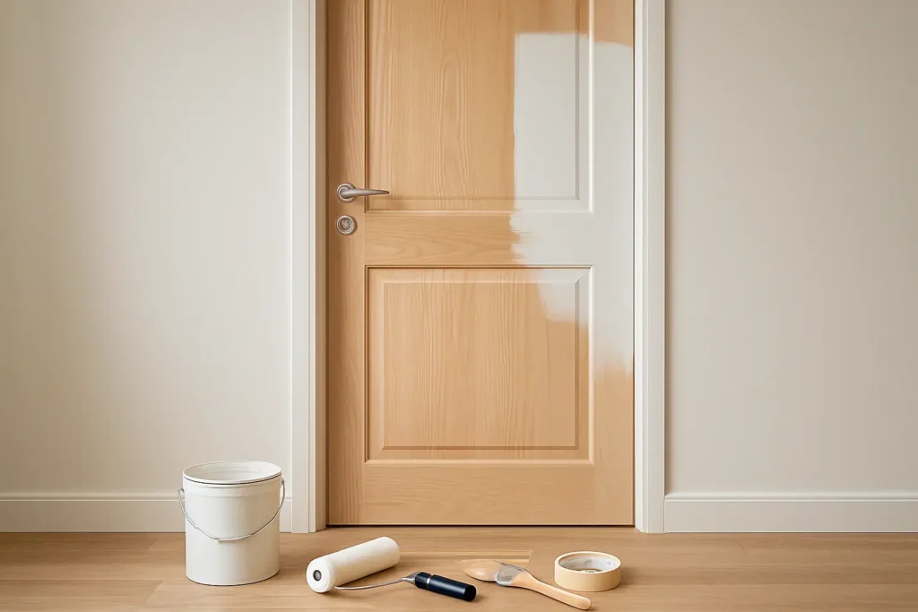Porte en bois en cours de peinture avec rouleau, pinceau et pot de peinture