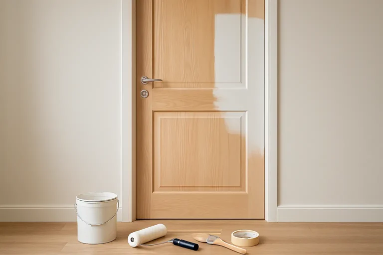 Porte en bois en cours de peinture avec rouleau, pinceau et pot de peinture