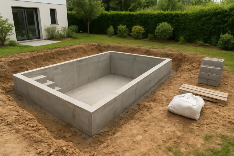Piscine béton en cours de construction dans un jardin avec structure maçonnée et terrassement