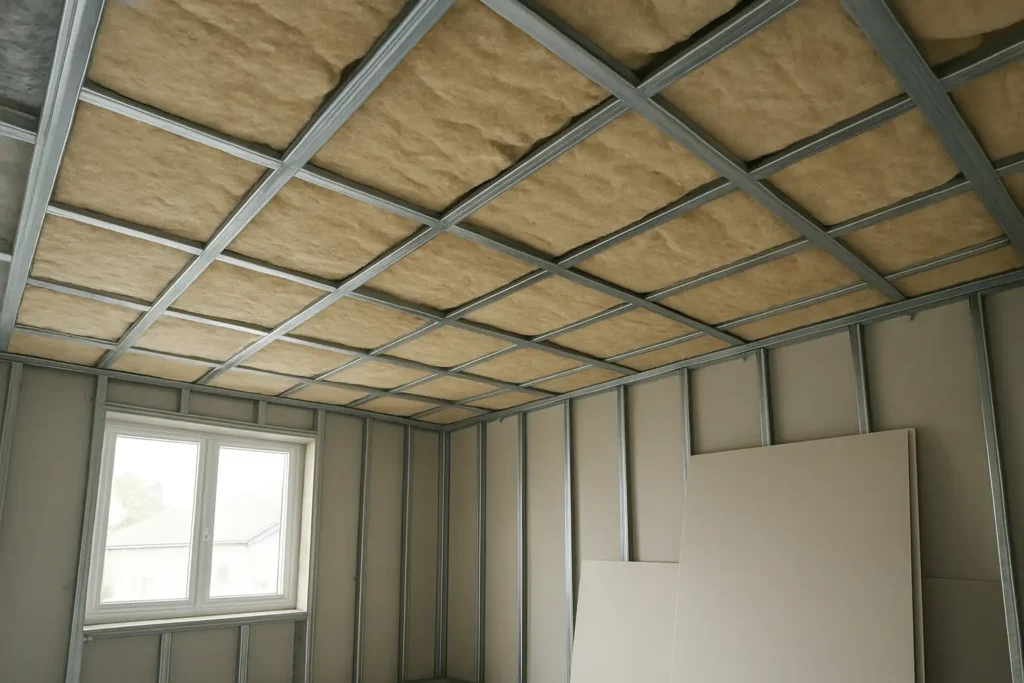 Plafond en cours d’isolation avec ossature et panneaux isolants dans une pièce