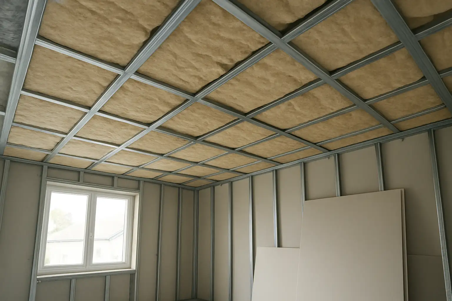 Plafond en cours d’isolation avec ossature et panneaux isolants dans une pièce