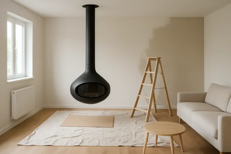 Poêle suspendu installé dans un salon moderne avec conduit de fumée visible