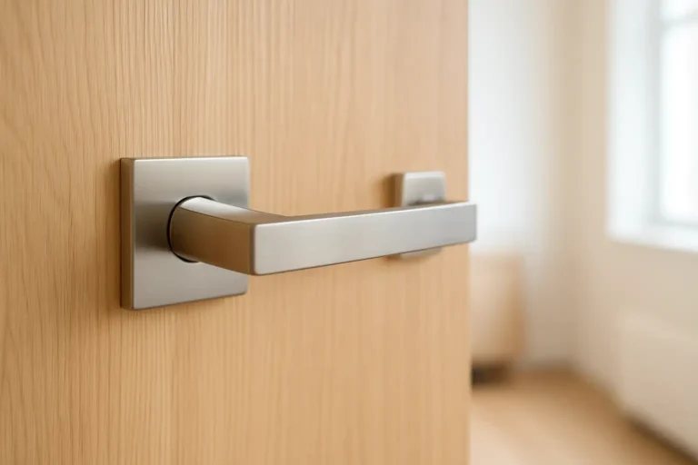 Poignée pour porte intérieure moderne sur une porte en bois dans un intérieur contemporain