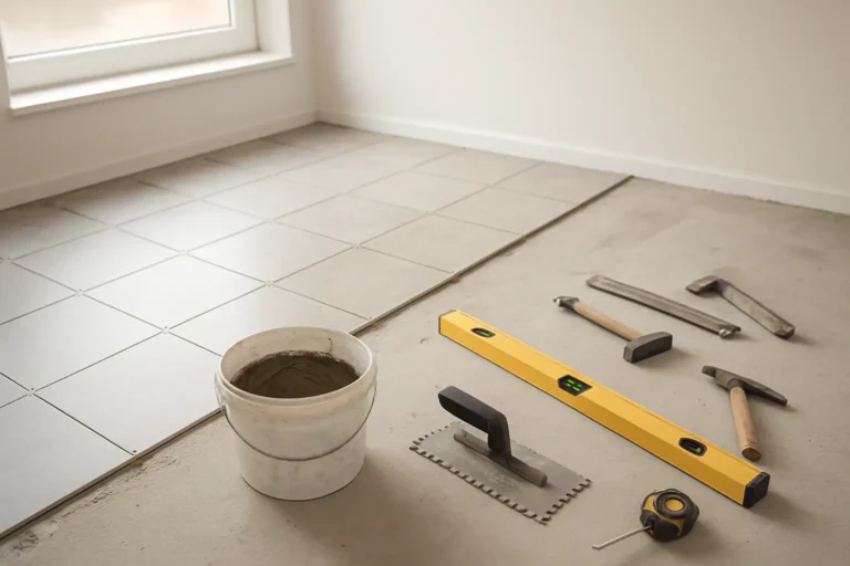 Chantier de pose de carrelage avec carreaux, colle et outils de bricolage