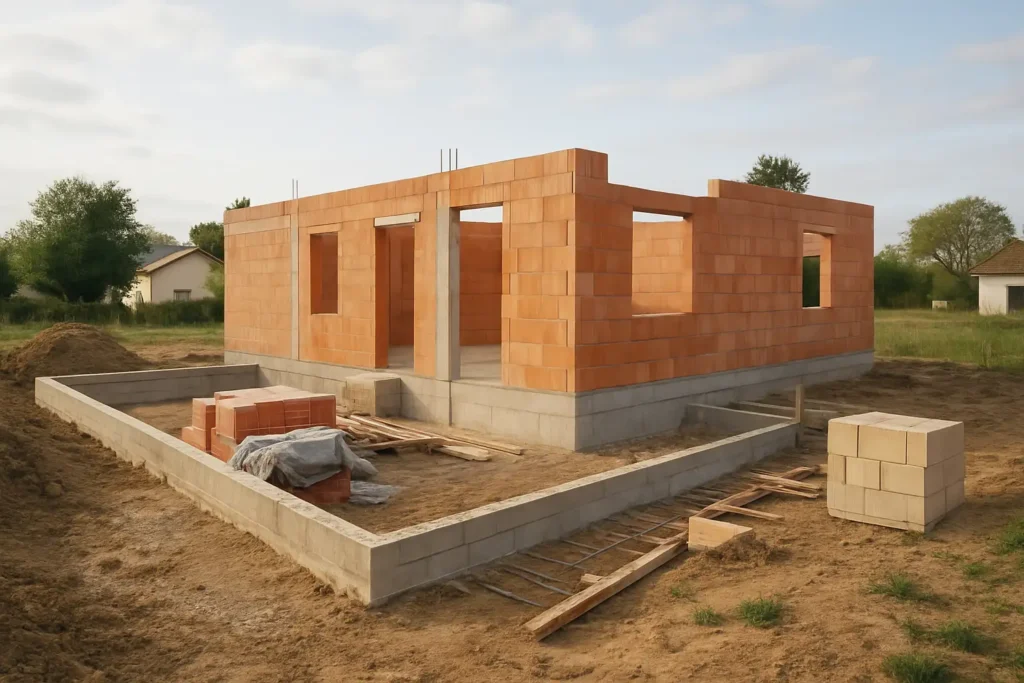 Chantier de maison neuve avec construction en cours et terrain à aménager