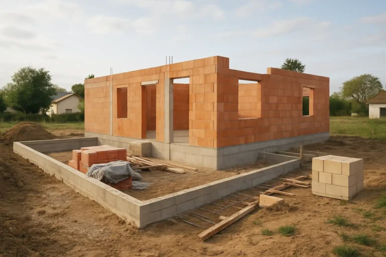 Chantier de maison neuve avec construction en cours et terrain à aménager