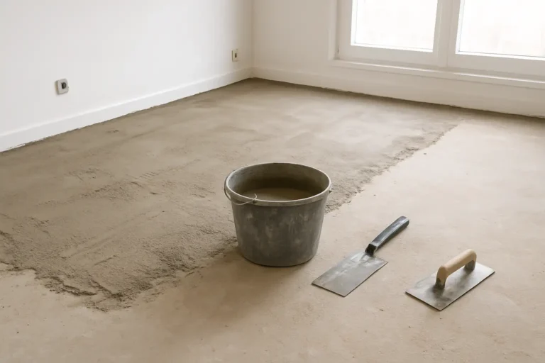 Sol intérieur en préparation de ragréage avec outils de bricolage