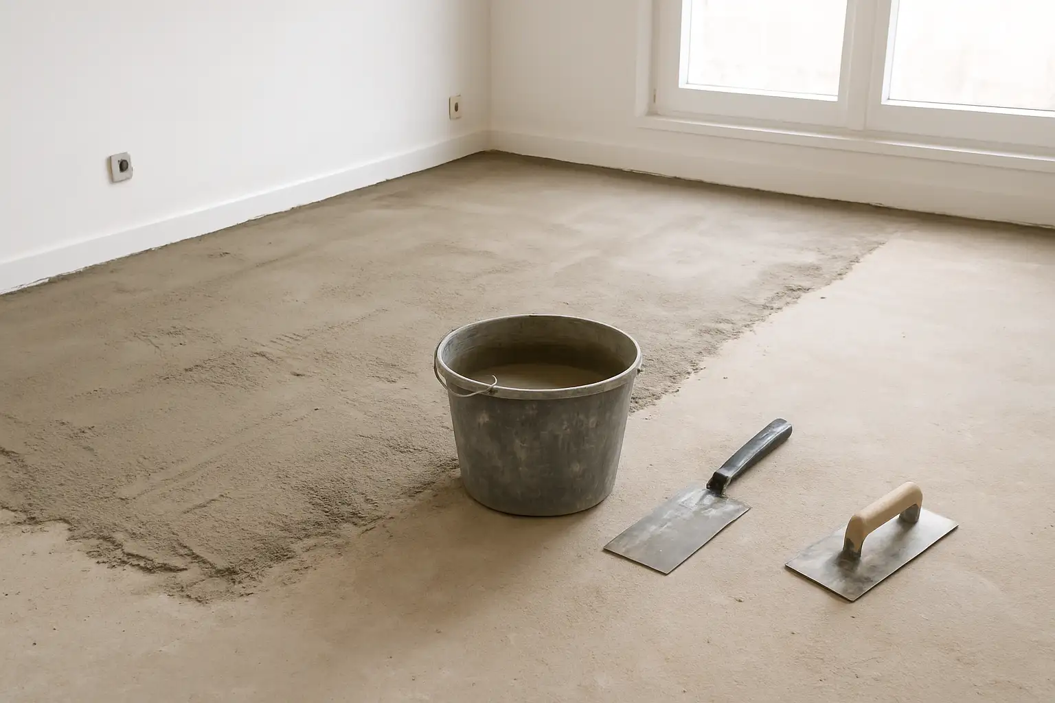 Sol intérieur en préparation de ragréage avec outils de bricolage