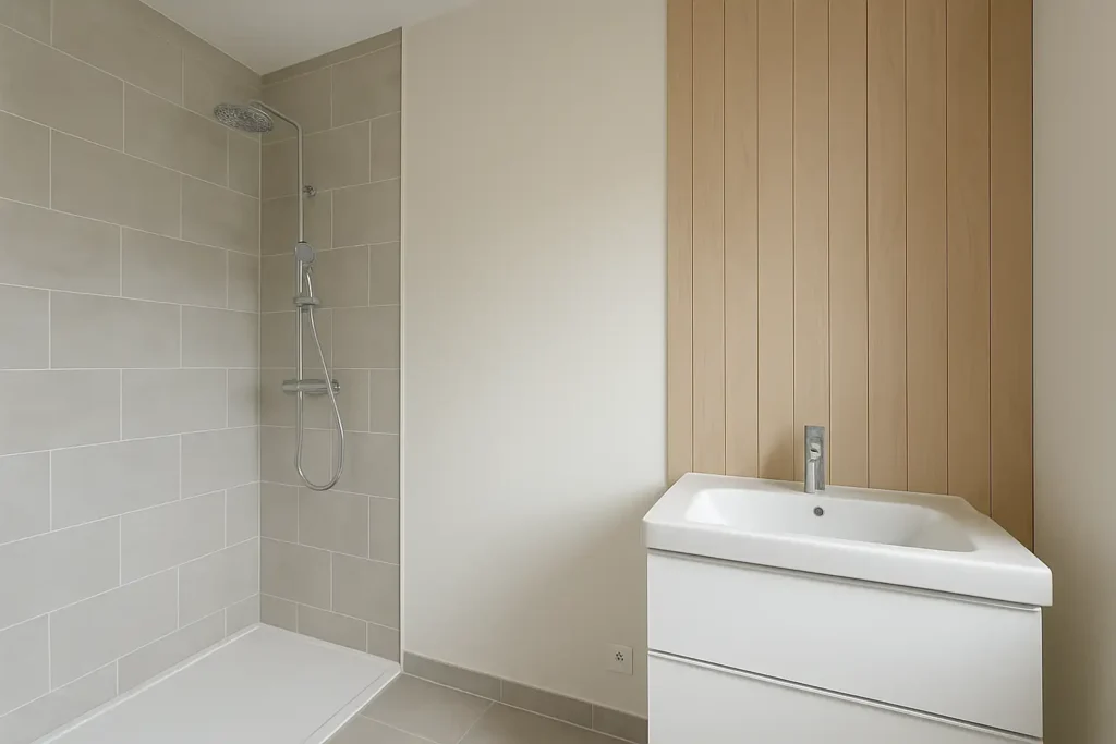 Salle de bain moderne avec différents revêtements muraux adaptés à l’humidité