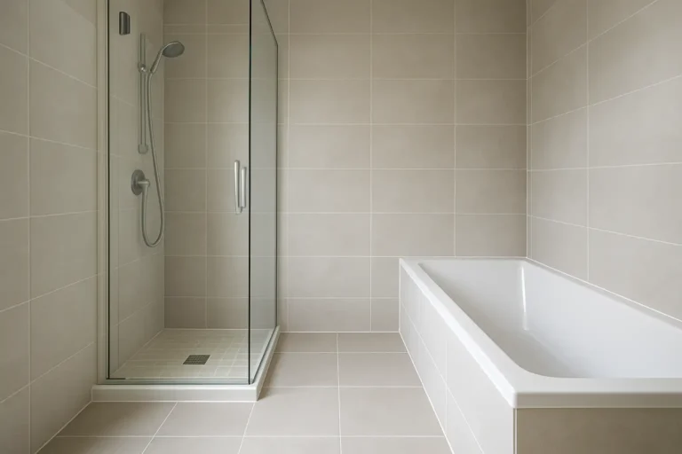 Salle de bain moderne avec joints de salle de bain propres autour de la douche et de la baignoire