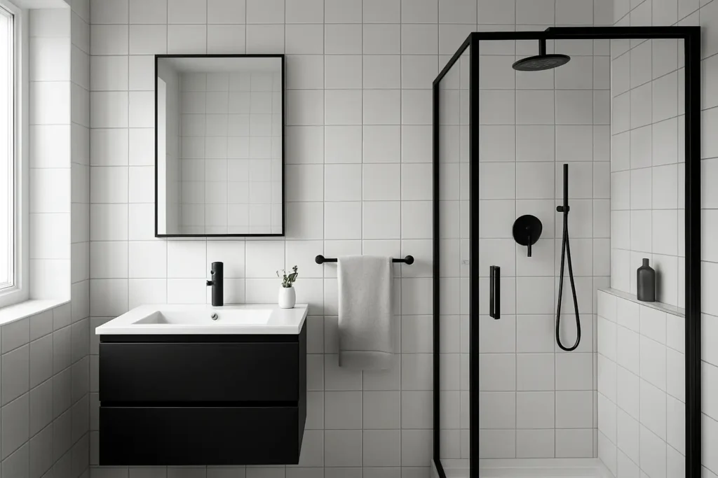 Salle de bain noir et blanc moderne avec meuble vasque noir et carrelage clair