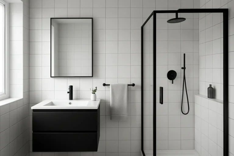 Salle de bain noir et blanc moderne avec meuble vasque noir et carrelage clair