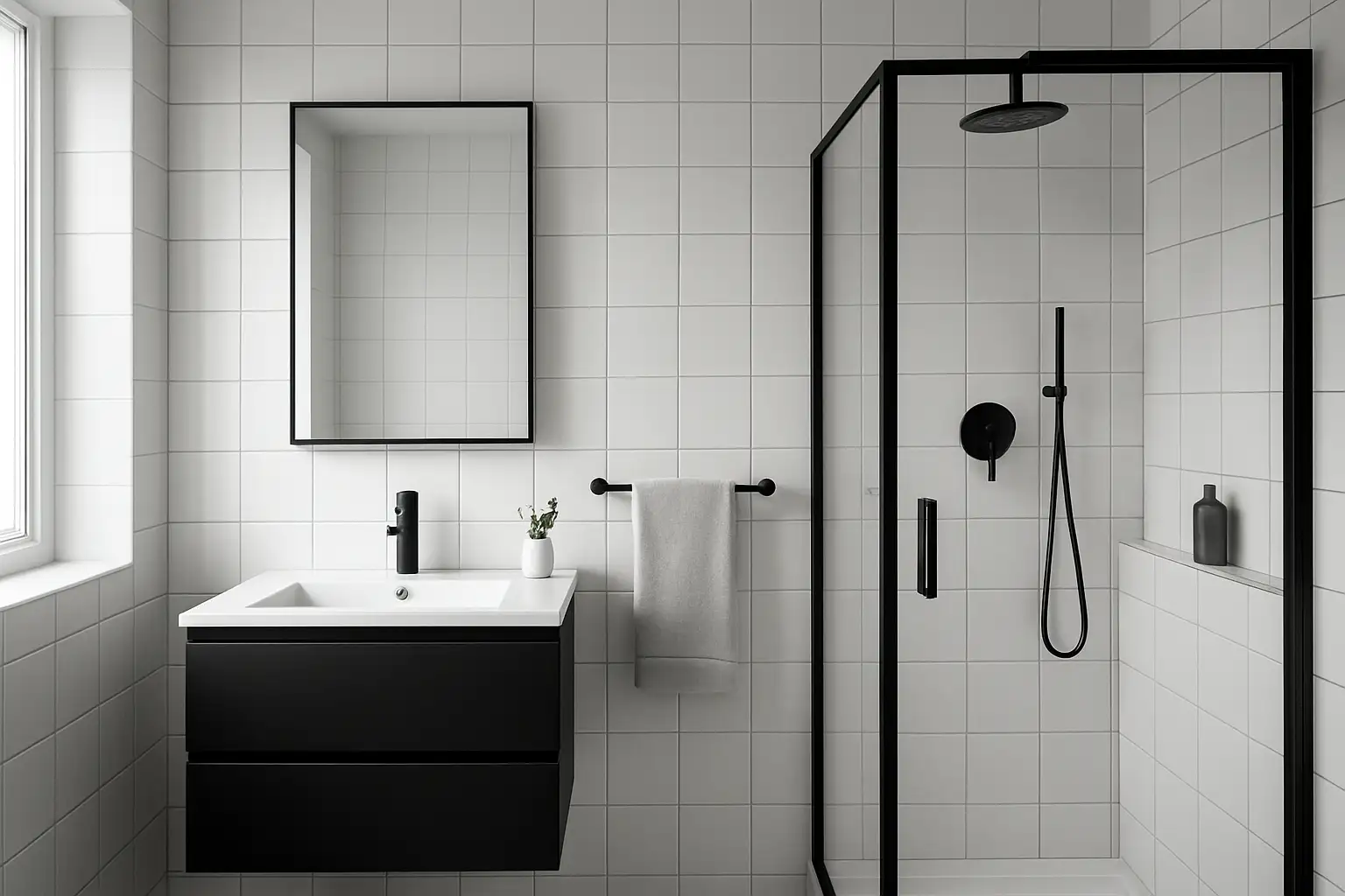 Salle de bain noir et blanc moderne avec meuble vasque noir et carrelage clair