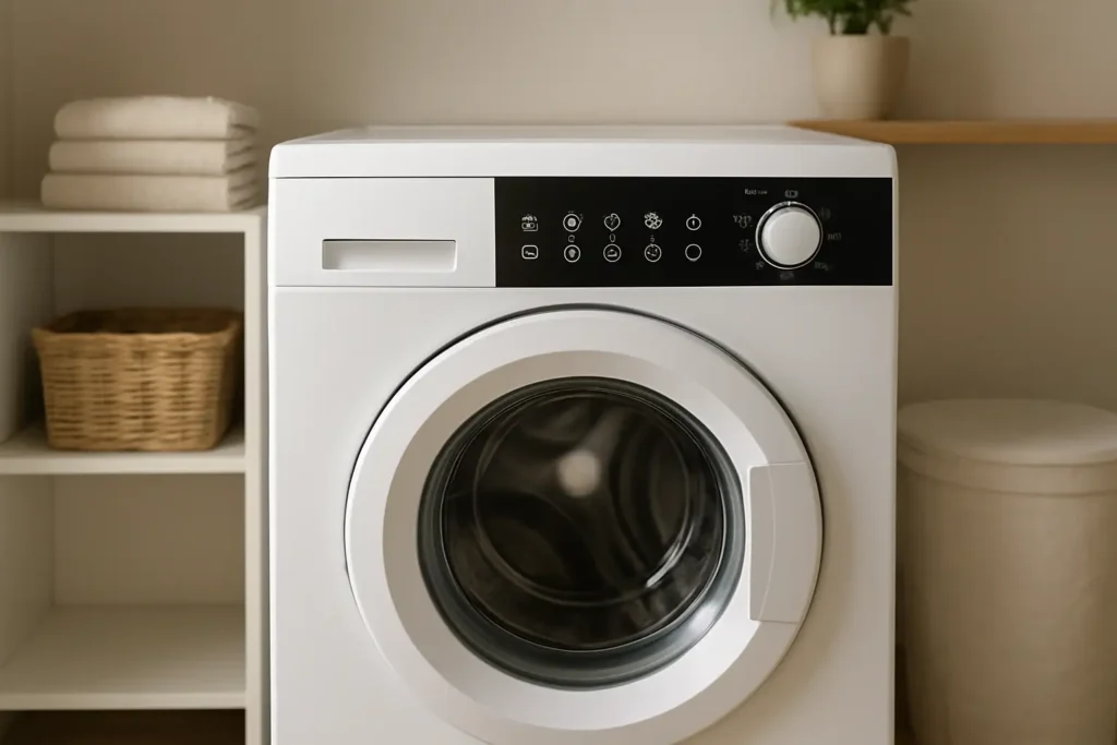 Machine à laver moderne avec les sigles et programmes visibles dans une buanderie