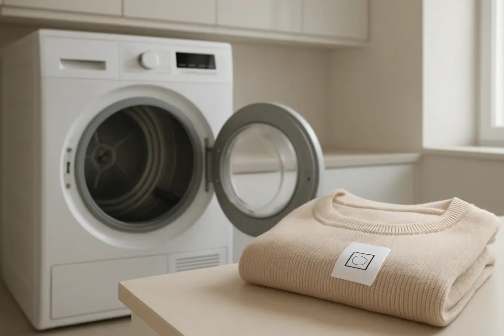 Sèche-linge domestique et étiquette textile avec sigle de séchage