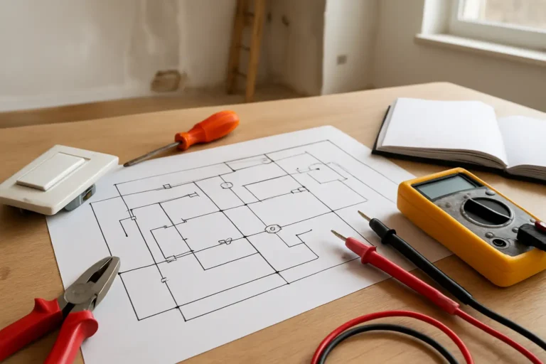 Plan électrique et interrupteur mural démonté sur une table de bricolage pour illustrer le symbole interrupteur