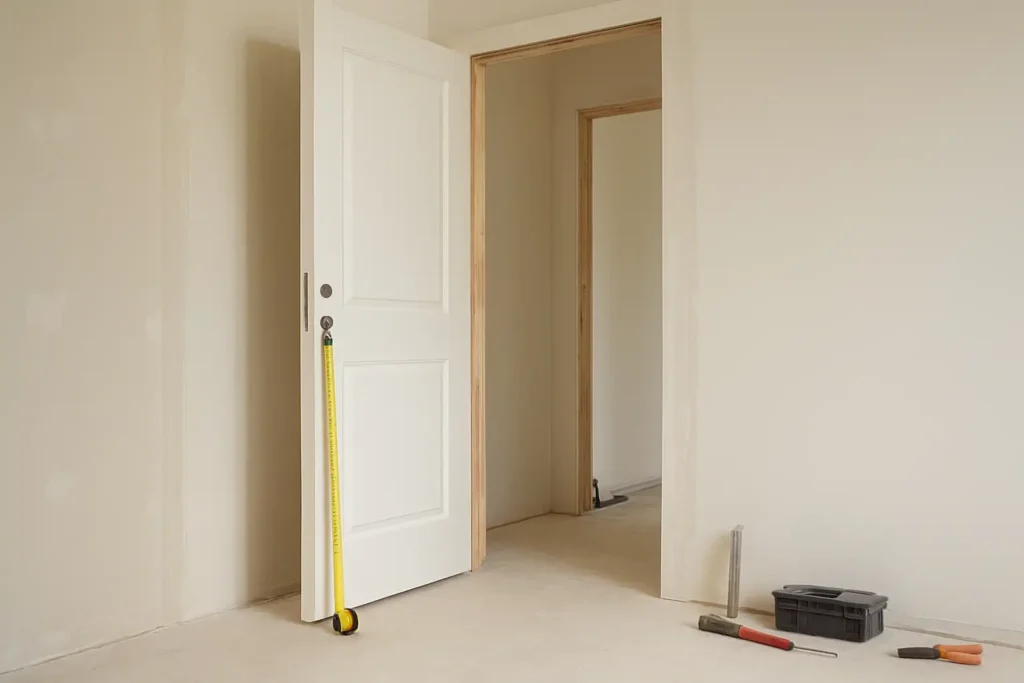 Ouverture de porte intérieure en rénovation avec mètre ruban pour mesurer une taille porte standard