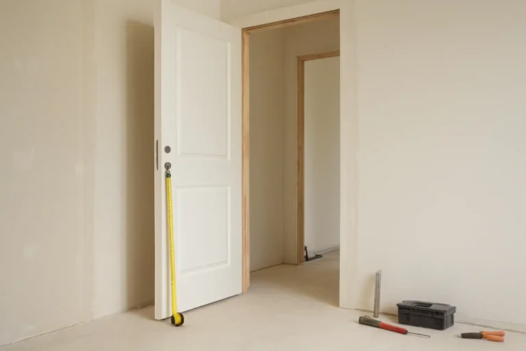 Ouverture de porte intérieure en rénovation avec mètre ruban pour mesurer une taille porte standard