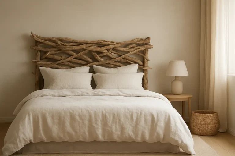 Chambre décorée avec une tête de lit en bois flotté et linge de lit clair