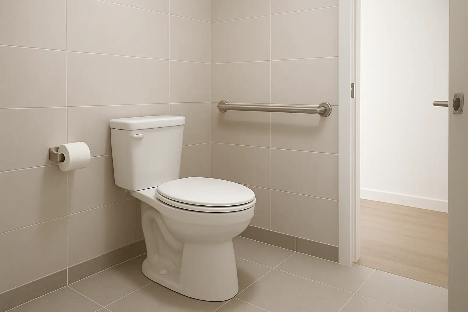 Toilette PMR moderne et accessible dans une maison, avec barre d’appui et espace de circulation dégagé