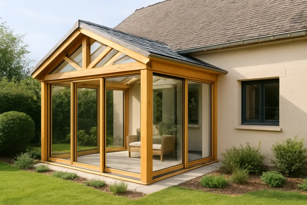Véranda en bois moderne attenante à une maison avec grandes baies vitrées