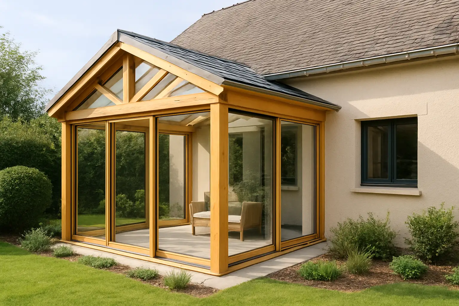Véranda en bois moderne attenante à une maison avec grandes baies vitrées