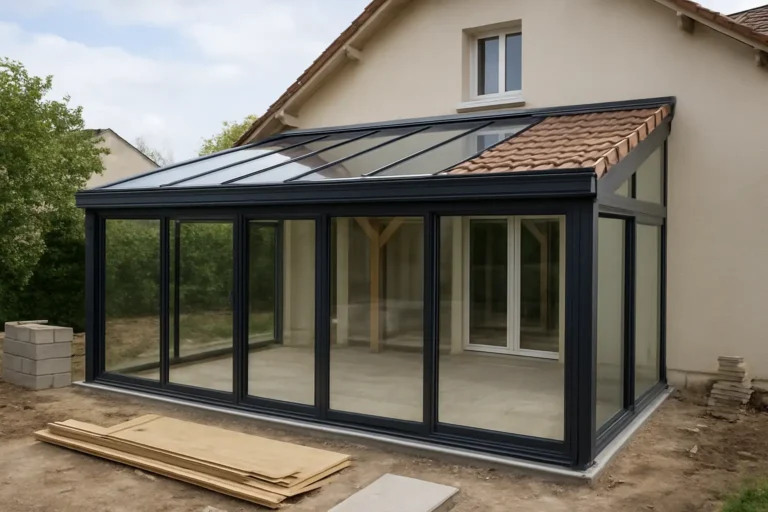 Véranda moderne en chantier sur une maison, illustrant le prix et les travaux à prévoir