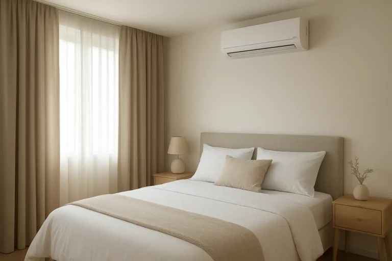 Chambre moderne avec une clim murale discrète pour rafraîchir la pièce