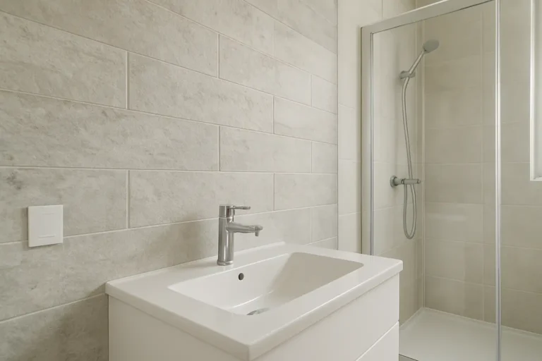 Salle de bain moderne avec dalles PVC murales sur le mur près du lavabo