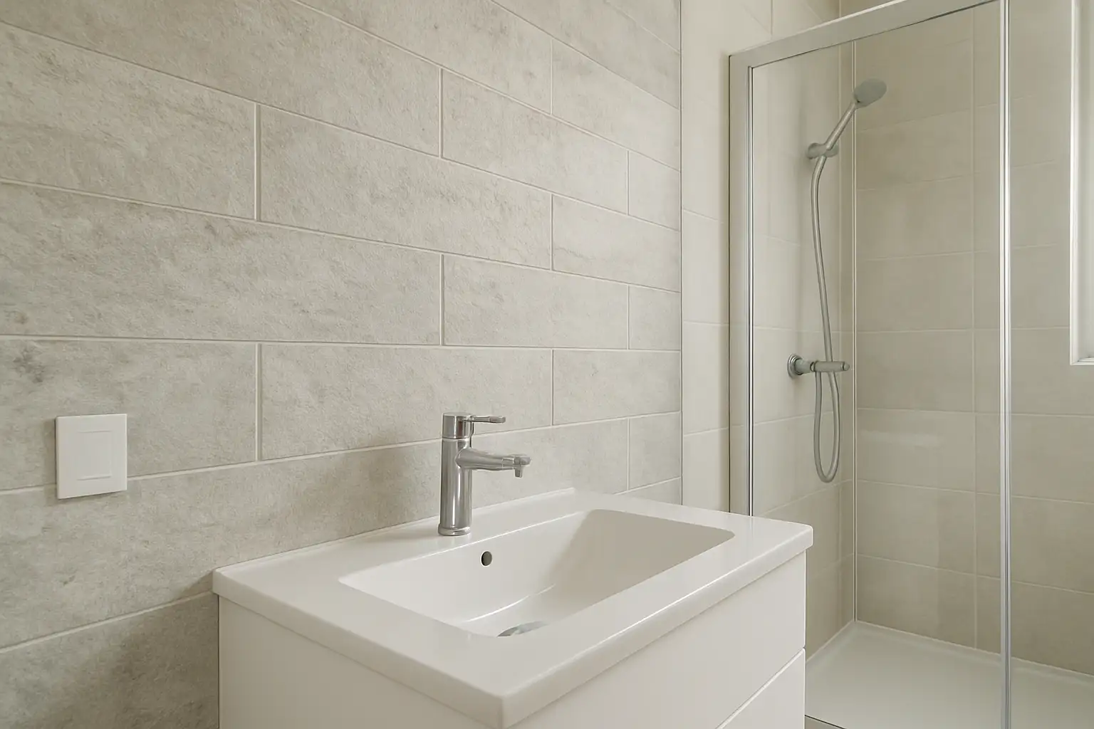 Salle de bain moderne avec dalles PVC murales sur le mur près du lavabo