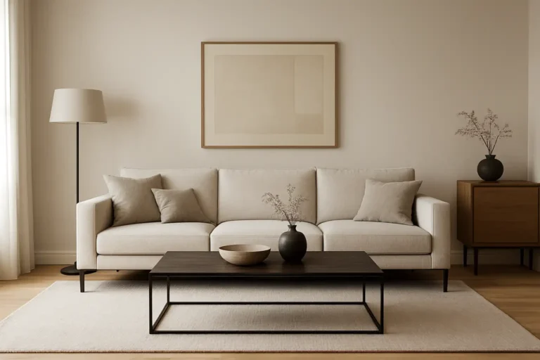 Salon moderne chic avec canapé élégant, table basse sobre et décoration raffinée