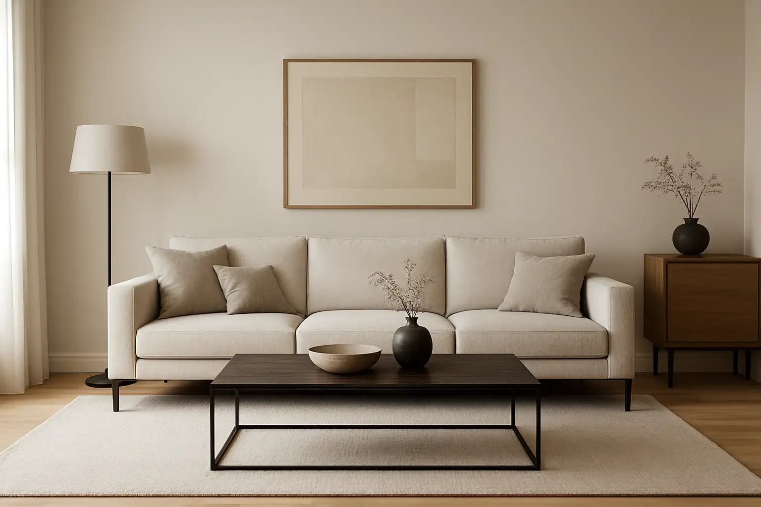 Salon moderne chic avec canapé élégant, table basse sobre et décoration raffinée