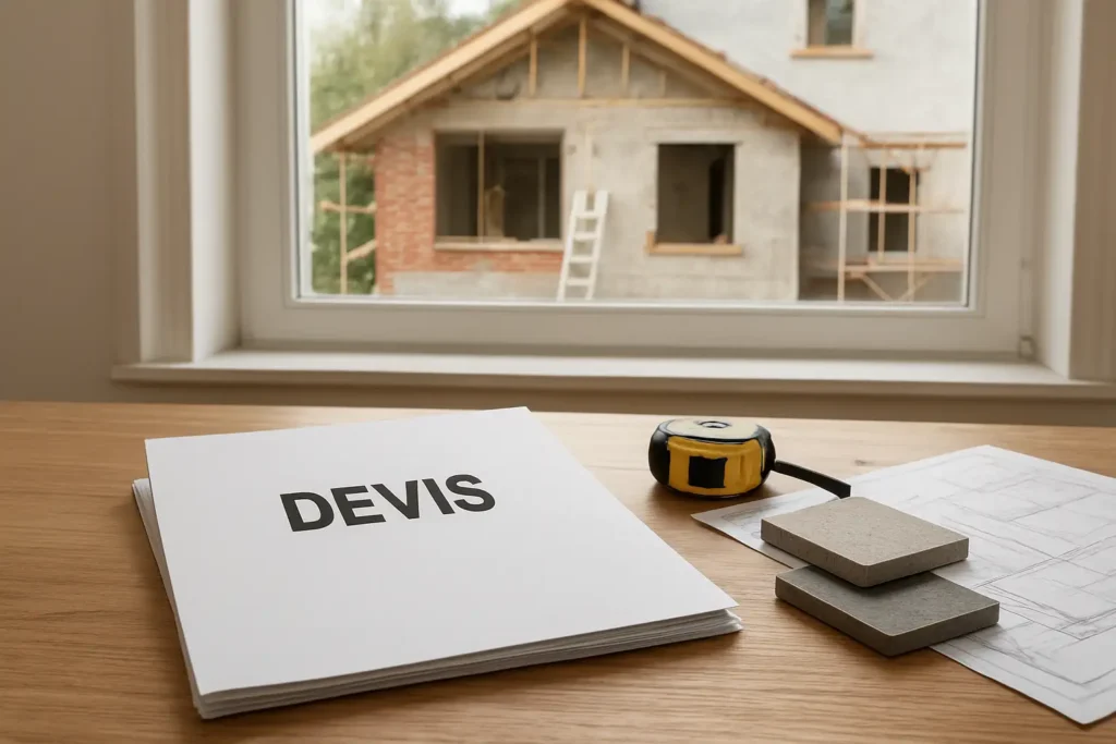 Devis d’extension maison posé sur une table avec plans et ambiance de chantier domestique